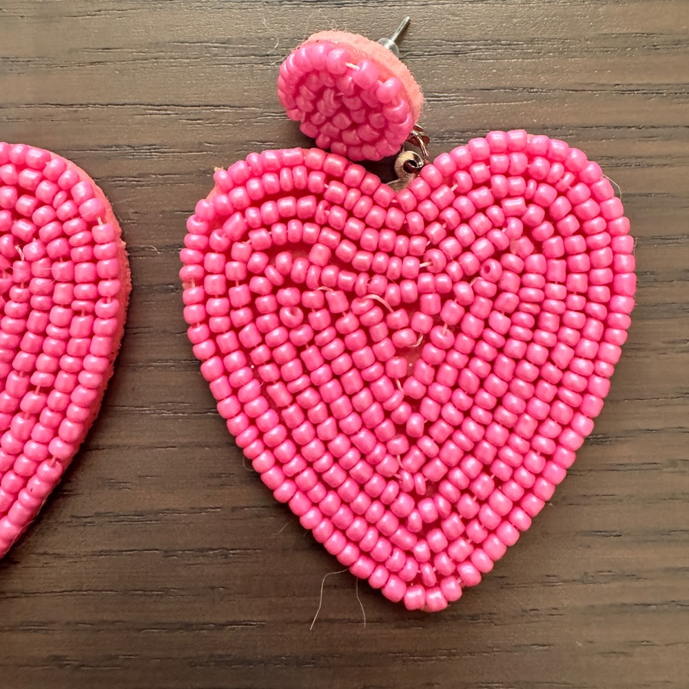 Hand-Beaded Heart Drop Earrings in Bright Pink